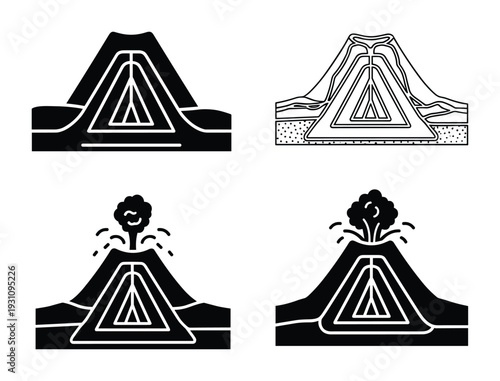 Volcano formation vector illustration with eruption stages and cross-section view showing internal structure