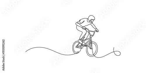 Continuous line drawing of a person riding a bicycle along a winding path on white background Vector, illustration