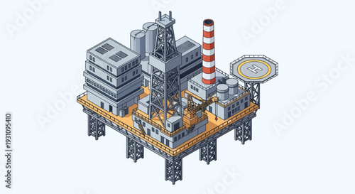 Isometric Offshore Oil Rig Platform with Helipad and Industrial Structures.