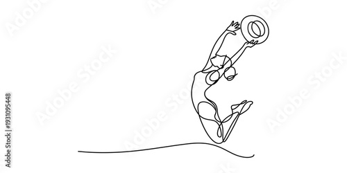 Minimalist one line drawing of a joyful woman jumping in the air with a beach hat Vector, illustration