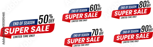 percent super sale label icon on collection set. red, blue  and black vector banner template. 50%, 60%, 70%, 80%, 90%.	
