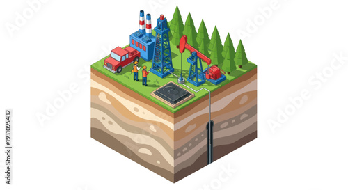 Isometric Oil Drilling Platform with Underground Layers.