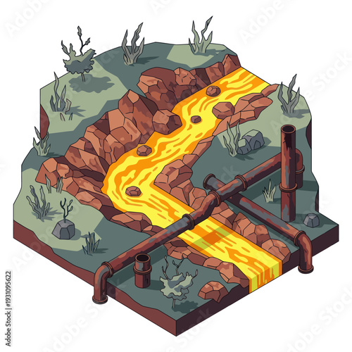 Isometric Illustration of Flowing Lava and Pipes.