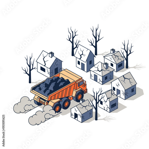 Illustration of Orange Dump Truck in Snow.