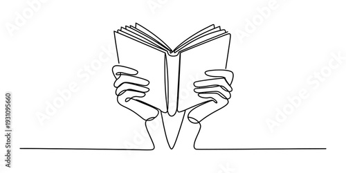 Continuous line drawing of two hands holding an open book against a white background. Vector, illustration