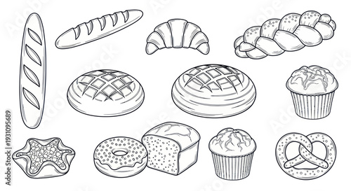 Hand-drawn Bakery Assortment: Breads, Pastries, Muffins, Pretzel, Croissant, Donut