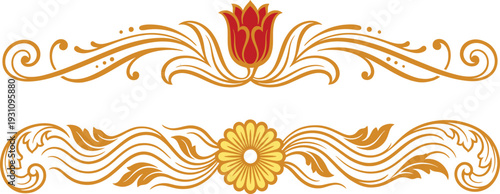 "Golden Floral Page Dividers with Tulip Lily and Sunflower Daisy Centerpieces - Elegant Botanical Scrollwork Borders, Luxury Yellow Orange Decorative Text Separators, Nature Inspired Ornamental Design