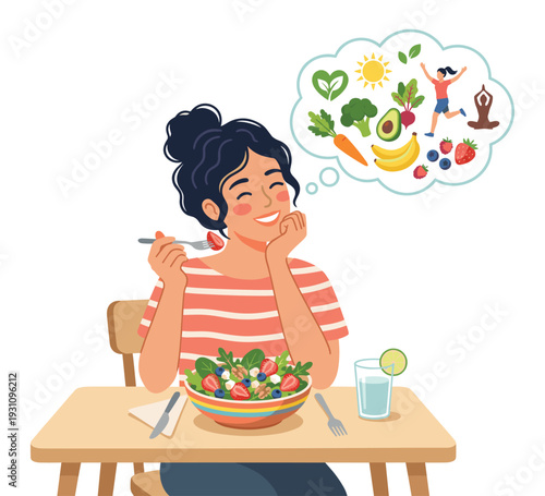 Healthy Lifestyle Dream: A vibrant illustration showcasing a woman savoring a wholesome salad, visualizing a balanced, energetic, and joyous life fueled by nutritious food. 
