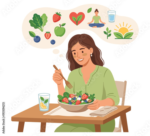 Healthy Lifestyle Delights: A woman enjoys a vibrant salad, symbolizing healthy eating and a mindful approach to wellness and happiness.