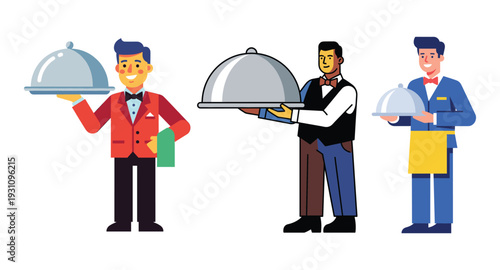 Serving with Style: Three elegant servers, each bearing a covered platter, exude professionalism and readiness for service.
