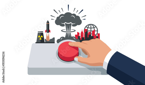 Nuclear Button Press: An illustrated scene of a hand pressing a ominous red button, with nuclear explosion elements looming in the background.