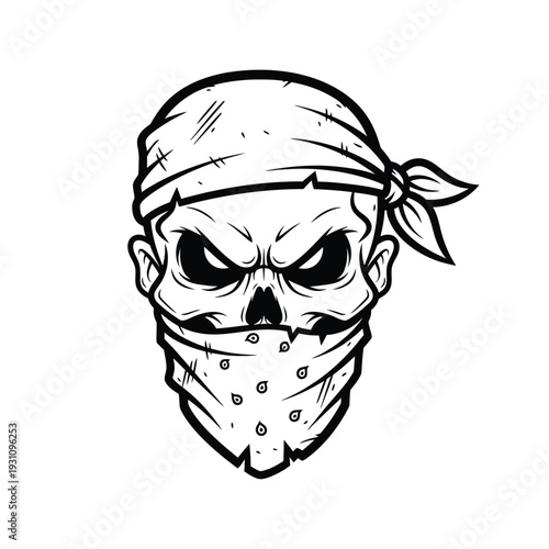 Gritty Skull Head Wearing Bandana Mask Vector Illustration - Urban, Rebel, Gangster Style for Streetwear & Tattoos