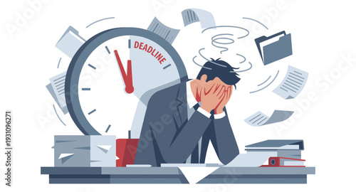 Deadline Crisis: A stressed individual is overwhelmed by a looming deadline, a symbol of the pressures and anxieties of a demanding schedule.