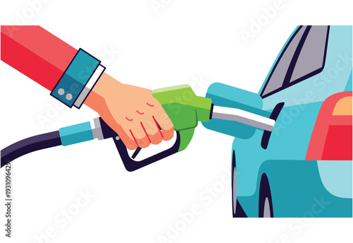 Fueling Up: A hand holds a fuel nozzle to fill the car with gasoline. Demonstrating the essential act of refueling and the energy it represents.
