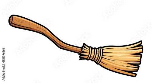Cartoon Witch Broom Flying, Isolated on White Background, Fantasy Magic Object