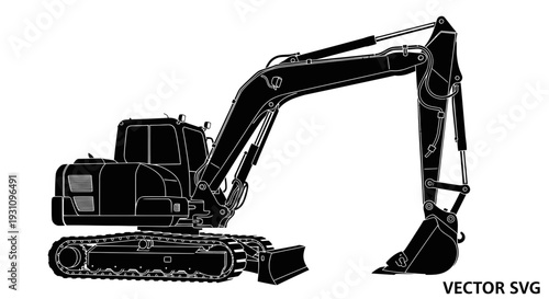 Black Silhouette of a Compact Tracked Excavator with Bucket and Blade