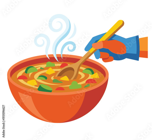 Warm Soup Stir: A vibrant illustration showcasing a steaming bowl of delicious soup being carefully stirred with a wooden spoon, ready to be enjoyed.