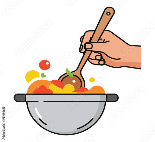 Culinary Artistry: A stylized depiction of a hand stirring a vibrant pot of food, showcasing the culinary process and the art of cooking.