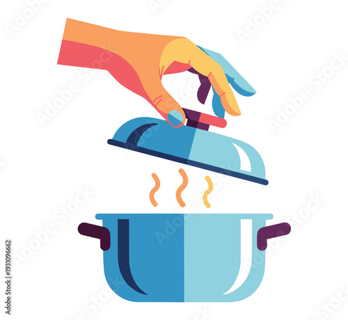 Culinary Unveiling: A hand delicately lifts a pot lid, releasing fragrant steam. It symbolizes the anticipation and delight of home cooking.