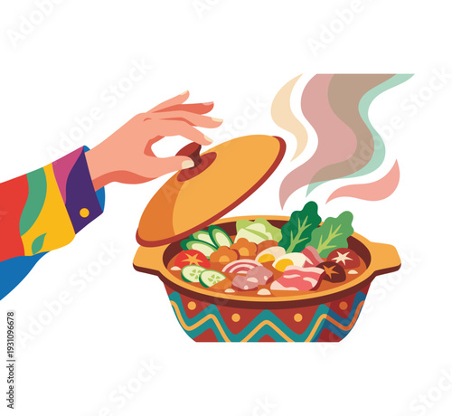 Culinary Revelation: A hand lifts the lid to reveal a steaming pot of delectable stew, filled with fresh vegetables, and savory meats, creating anticipation and delight.