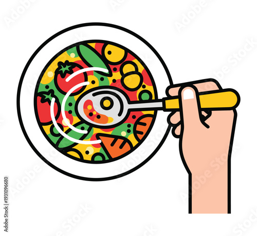 Flavorful Feast: A vibrant, artful depiction of a hand delicately scooping a colorful, nutritious salad from a pristine plate. The image exudes freshness and wholesome living.