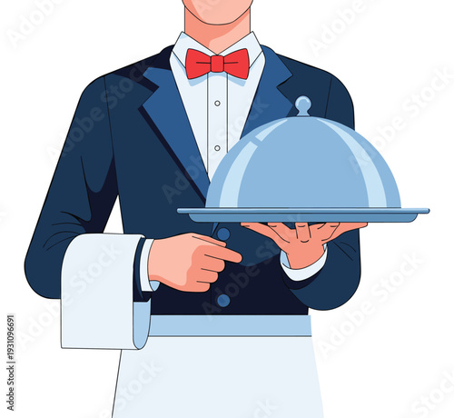 Waiter Holding Silver Platter: A sharply dressed waiter, wearing a bow tie, meticulously presents a covered silver platter, signifying a service of exquisite culinary and customer satisfaction.