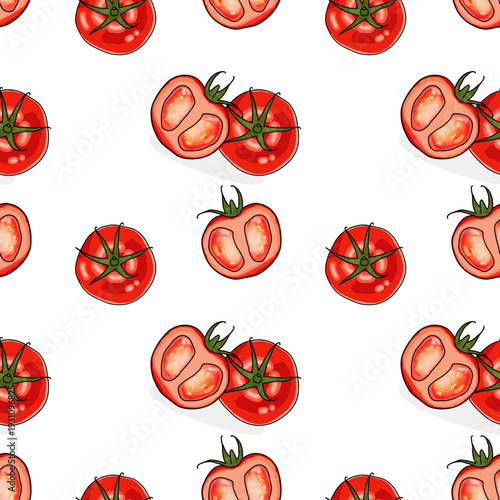 Seamless pattern of red tomatoes (Solanum lycopersicum) on white background