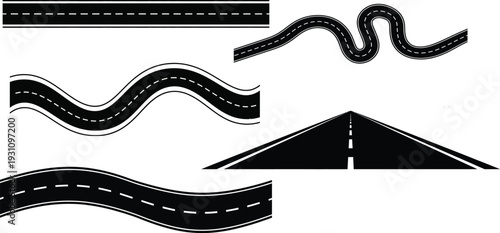 "Black Asphalt Road and Highway Vector Collection - Curved Winding Path, Straight Empty Street, Perspective Country Road with White Dashed Line Markings - Transportation Route Design Elements Set"