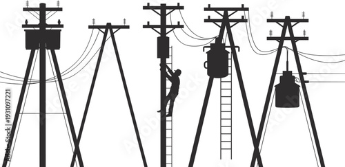 Electrical transmission and distribution pole silhouettes with transformers and lineman climbing ladder isolated on white background, detailed power utility vector illustration set