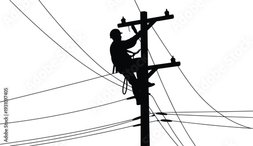 Silhouette of electrician climbing utility pole repairing overhead power lines high voltage electrical maintenance industrial energy infrastructure concept isolated on white background
