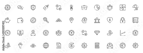 Money and finance icon set. Vector symbols for Bitcoin, cryptocurrency, wallet, investment, security, currency exchange, banking, and more. Editable thin line icons.