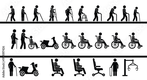 Collection of vector stick figure icons illustrating diverse mobility aids and accessibility solutions for elderly individuals.