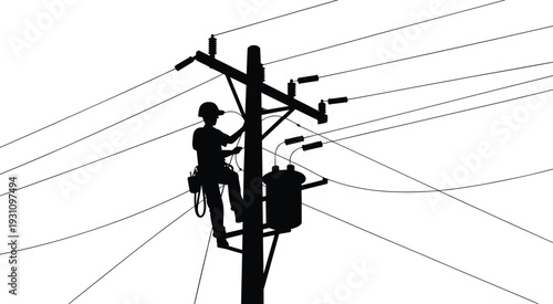 Silhouette of utility line worker repairing transformer on power pole performing high voltage electrical maintenance on overhead wires industrial energy infrastructure concept