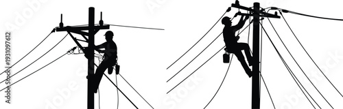 Silhouettes of electricians climbing utility poles repairing overhead power lines high voltage electrical maintenance industrial energy infrastructure isolated on white background