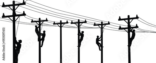 Silhouettes of utility line workers climbing multiple power poles repairing overhead electrical lines high voltage maintenance industrial energy infrastructure concept