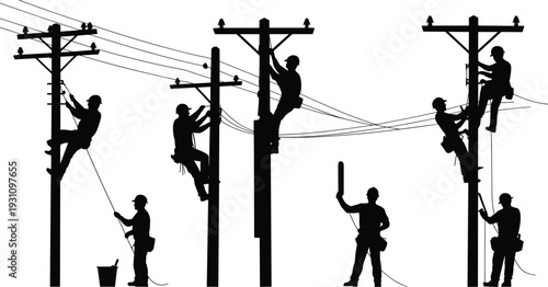 Silhouettes of utility line workers climbing power poles repairing overhead electrical wires high voltage maintenance team energy infrastructure and industrial electricity distribution concept
