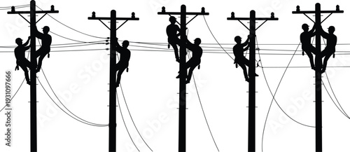 Silhouettes of utility line workers climbing power poles repairing overhead electrical wires high voltage maintenance team industrial energy infrastructure concept isolated on white background