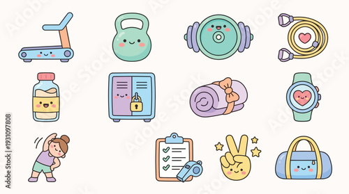 Cute Fitness & Healthy Lifestyle Cartoon Icon Set – Gym Equipment, Workout Stickers, Wellness App Graphics Bundle