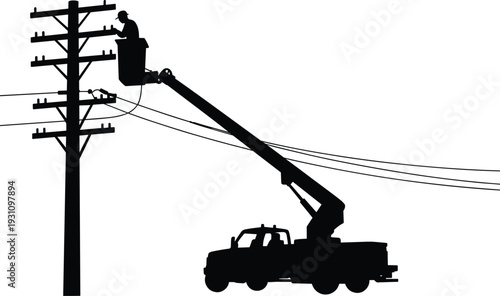 Utility lineman in bucket truck silhouette repairing electrical power lines on pole isolated on white background, detailed electrician vector illustration