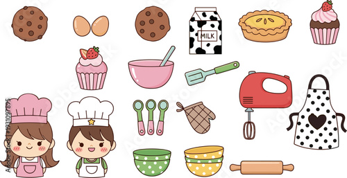 Cute Baking Tools and Ingredients for Kids Including Cupcakes, Cookies, Milk, Bowls, and Kitchen Equipment