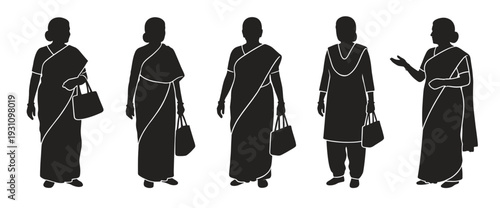 Indian aunties vector silhouette set featuring traditional women wearing sari and salwar kameez carrying handbags and standing in various elegant poses for cultural illustrations.