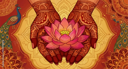 Flat vector illustration of Indian bride hands with Mehndi henna holding lotus flower.