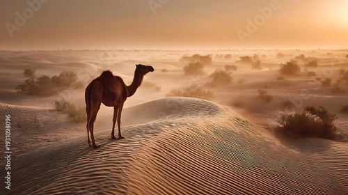 Camel stands atop a sand dune against a hazy desert sunrise with soft morning light.