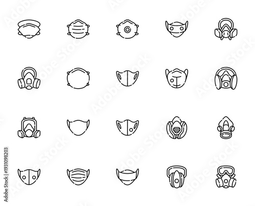 Protective Face Mask icon set. Vector respirator, cloth, gas and medical masks collection. Minimal line icons for safety, health and medical use.