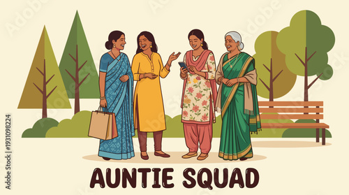 Indian Aunties Squad in Park, Four Women Chatting, Shopping Bag and Smartphone, Vector Illustration for Friendship and Community, Group of Senior Indian Women.
