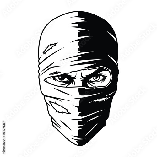 Intense Eyes in Balaclava Mask - Striking Black and White Vector Illustration for Urban, Streetwear, and Protest Concepts