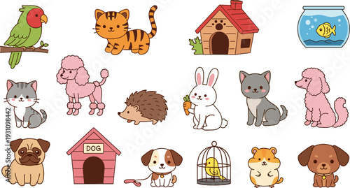Cute Pets Collection with Cats, Dogs, Birds, Fish, and Small Animals