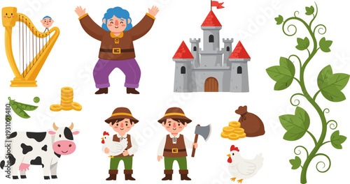 Fairy Tale Inspired Jack and the Beanstalk Set with Castle, Giant, Cow, Hen, Harp, and Gold Coins for Kids