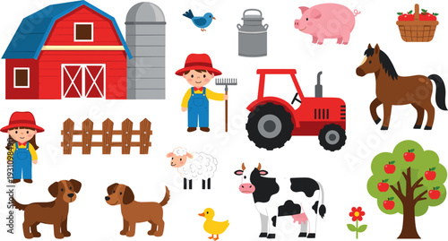 Farm Life Illustration with Barn, Animals, Tractor, Farmer, and Fruit Tree for Children's Educational Designs and Activities