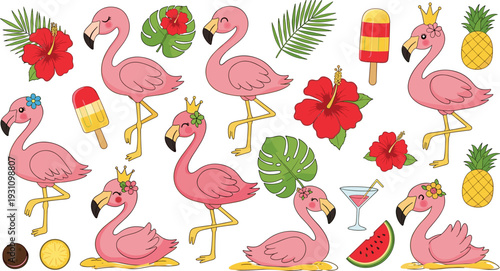 Tropical Flamingo Vector Illustration with Hibiscus Flowers, Fruits, Ice Cream, and Tropical Leaves for Summer Designs, Parties, and Celebrations